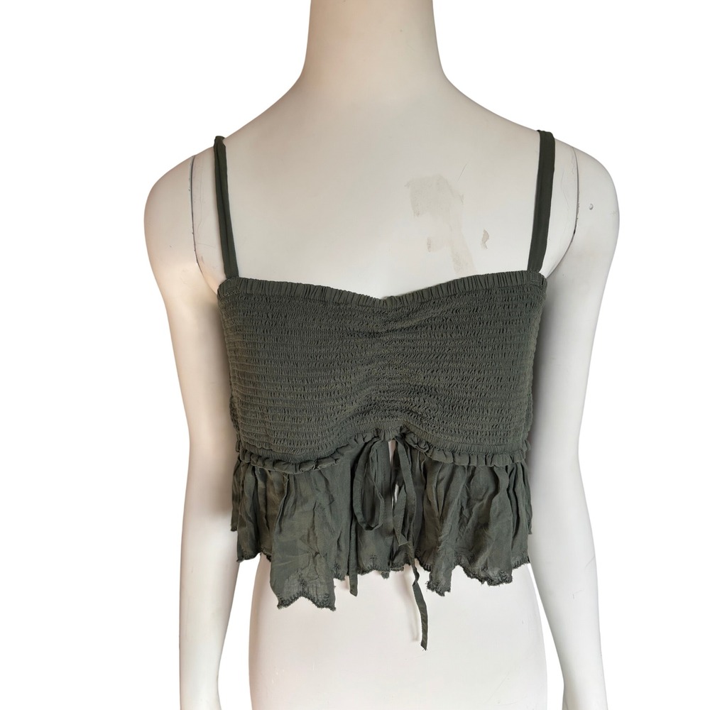 Wilfred La Boheme Smocked Crop Top‎ Olive Green Ruffle Peplum Size L